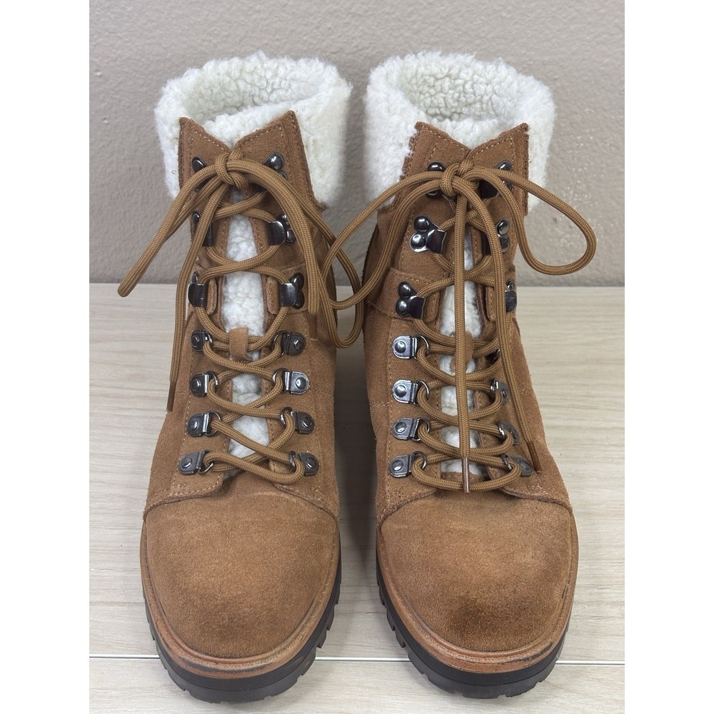 Marc Fisher Boots Isabel Leather Lug Sole‎ Lace Up Brown Suede Shearling Cuff 9